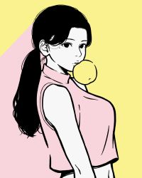 Rule 34 | 1girl, black eyes, black hair, breasts, crop top, flat color, food, fruit, highres, holding, holding food, holding fruit, long hair, looking at viewer, midriff, miyoshi yoshimi, mole, mole under eye, mouth hold, navel, original, pink background, pink shirt, ponytail, shirt, sleeveless, sleeveless shirt, solo, two-tone background, upper body, yellow background