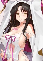 Rule 34 | 10s, 1girl, areola slip, bare shoulders, blush, breasts, clothing cutout, covered erect nipples, detached sleeves, fate/extra, fate/extra ccc, fate (series), large breasts, long hair, looking at viewer, navel cutout, nipples, parted bangs, parted lips, sessyoin kiara, shunichi, sideboob, solo, upper body, veil, very long hair, wavy hair, yellow eyes