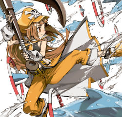 Rule 34 | 1girl, anchor, belt, brown eyes, brown hair, dolphin, fingerless gloves, gloves, guilty gear, hat, huge weapon, may (guilty gear), orange hat, pirate, pirate hat, skull and crossbones, sleeveless, solo, weapon, ysk!