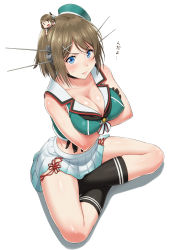 Rule 34 | 10s, 25mm triple autocannon mount, 2girls, black socks, blue eyes, blush, breast hold, breasts, brown hair, chibi, choker, cleavage, covered erect nipples, crossed arms, dual persona, fairy (kancolle), hair ornament, hat, headgear, highres, indian style, kantai collection, kneehighs, large breasts, lips, maya (kancolle), midriff, miniskirt, multiple girls, nigou, remodel (kantai collection), short hair, simple background, sitting, skirt, socks, sweat, white background