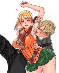 Rule 34 | 1boy, 1girl, ?, licking armpit, armpits, ashley graham, blonde hair, blush, breasts, brown eyes, bulge, capcom, erection, erection under clothes, large breasts, leon s. kennedy, licking, open mouth, resident evil, resident evil 4, scarf, smell, sweat, sweater