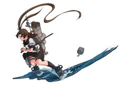 Rule 34 | 1girl, adapted turret, anchor, anchor symbol, ayanami (kancolle), black sailor collar, black skirt, brown eyes, brown hair, closed mouth, commentary request, highres, kantai collection, kuragare, loafers, long hair, machinery, pleated skirt, rigging, sailor collar, school uniform, serafuku, shoes, short sleeves, side ponytail, skirt, smokestack, standing, standing on liquid, torpedo launcher, turret, very long hair, white background