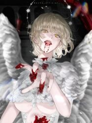 Rule 34 | 1girl, black background, bleeding, blood, blood from mouth, blood on body, blood on face, blood on hands, blurry, body fur, breasts, building, completely nude, cuts, depth of field, dungeon meshi, eyelashes, falin touden, falin touden (chimera), fangs, feathered wings, fingernails, floating hair, halo, hand up, hashtag-only commentary, head tilt, highres, injury, looking at viewer, monster girl, noche official, nude, open mouth, reaching, reaching towards viewer, short hair, slit pupils, slit throat, solo, spoilers, twitter username, upper body, white wings, wings, yellow eyes