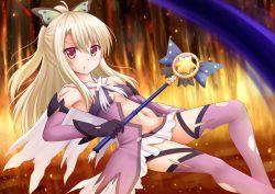 Rule 34 | &gt;:/, 1girl, :/, black gloves, blood, blood from mouth, breasts, cape, center opening, cleavage, cuts, deep wound, detached sleeves, elbow gloves, fate/kaleid liner prisma illya, fate (series), gloves, highres, holding, illyasviel von einzbern, injury, kaleidostick, kazenokaze, long hair, looking at viewer, magical girl, magical sapphire, navel, orange eyes, pleated skirt, ponytail, prisma illya, prisma illya (sapphire version), purple thighhighs, red eyes, silver hair, skirt, small breasts, solo, thighhighs, torn cape, torn clothes, torn thighhighs, v-shaped eyebrows, wand
