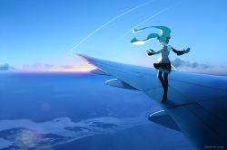 Rule 34 | 10s, 1girl, 2015, aircraft, airplane, black footwear, black thighhighs, boots, cloud, full body, hatsune miku, looking away, outstretched arms, piano (agneschen), signature, sky, smile, solo, spread arms, standing, thigh boots, thighhighs, vocaloid