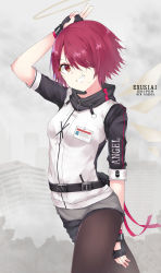 Rule 34 | 1girl, arknights, black gloves, black pantyhose, breasts, commentary request, copyright name, exusiai (arknights), female focus, fingerless gloves, gloves, grin, hair over one eye, halo, highres, jacket, looking at viewer, pantyhose, parusu (ehyfhugj), red hair, short hair, small breasts, smile, solo, v, white jacket