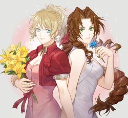 Rule 34 | 2girls, aerith gainsborough, aerith gainsborough (cosplay), back-to-back, blonde hair, blue eyes, bouquet, braid, breasts, brown hair, choker, cleavage, company connection, cosplay, costume switch, cropped jacket, crossover, dress, final fantasy, final fantasy vii, final fantasy xv, flower, french braid, ginmu, green eyes, hair intakes, long hair, lunafreya nox fleuret, lunafreya nox fleuret (cosplay), medium breasts, multiple girls, pink dress, ponytail, ribbon choker, square enix, white dress
