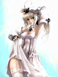 Rule 34 | 1girl, ahoge, aqua eyes, arm up, armpits, artoria pendragon (all), artoria pendragon (fate), bad id, bad pixiv id, bare shoulders, blonde hair, breasts, capcom, cleavage, clothes lift, detached sleeves, dress, dress lift, fate/stay night, fate/unlimited codes, fate (series), fingerless gloves, garter straps, gloves, highres, johan (johan13), long hair, open mouth, ponytail, saber (fate), saber lily, solo, sweat, thighhighs, wet, white thighhighs