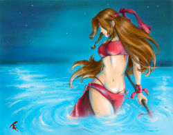 Rule 34 | 1990s (style), 1girl, aerith gainsborough, bikini, breasts, brown hair, female focus, final fantasy, final fantasy vii, headband, long hair, outdoors, retro artstyle, sky, solo, square enix, staff, strapless, swimsuit, tube top, very long hair, wading, water