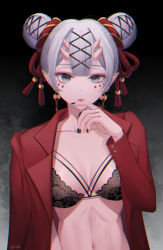 Rule 34 | 1girl, :p, absurdres, bad id, bad pixiv id, black bra, black nails, bra, breasts, cleavage, collarbone, double bun, earrings, facial mark, finger to mouth, fingernails, gradient background, green eyes, grey background, hair bun, hair ribbon, highres, horns, jacket, jewelry, lichiko, long fingernails, long sleeves, looking at viewer, medium breasts, nail polish, navel, open clothes, open jacket, original, pointy ears, red jacket, red ribbon, ribbon, short hair, signature, silver hair, skin-covered horns, tassel, tassel earrings, tongue, tongue out, underwear, upper body