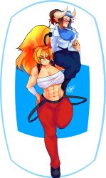 Rule 34 | abs, bandages, blue eyes, brown hair, carrying, eyepatch, glasses, hat, highres, horns, muscular, muscular female, orange hair, pants, red pants, sitting, sitting on person, zess (zesty jesus)