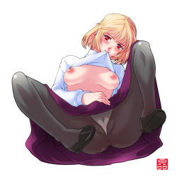 Rule 34 | 00s, 1girl, arcueid brunestud, blonde hair, breasts, clothes lift, crotch, fat mons, long skirt, looking at viewer, mouth hold, nipples, panties, panties under pantyhose, pantyhose, purple skirt, red eyes, shirt lift, short hair, simple background, skirt, solo, sonobe kazuaki, spread legs, sweater, tsukihime, turtleneck, underwear, white background
