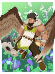 Rule 34 | 1boy, absurdres, animal skull, another eidos-r, baggy pants, bara, black hair, brown wings, dark-skinned male, dark skin, facial mark, feather hair ornament, feather necklace, feathered wings, feathers, flying, full body, fur collar, gin no hikari, green eyes, hair ornament, highres, holding, holding weapon, large pectorals, leaf, leaf background, long sideburns, male focus, mature male, muscular, muscular male, native american, pants, pectorals, pelvic curtain, short hair, siddeley (another eidos), sideburns, sidepec, sleeveless, solo, spread wings, thick eyebrows, weapon, wings
