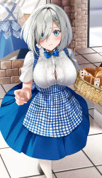 Rule 34 | 1girl, alternate costume, apron, basket, blue apron, blue bow, blue bowtie, blue skirt, blush, bow, bowtie, bread, breasts, brick wall, button gap, cleavage, closed mouth, day, food, gingham, gingham apron, grey hair, hair between eyes, hair ornament, hairclip, hamakaze (kancolle), highres, holding, holding basket, kantai collection, kobeya, kobeya uniform, large breasts, looking at viewer, outdoors, pantyhose, reflection, short hair, short sleeves, skirt, solo, white pantyhose, window, yunamaro