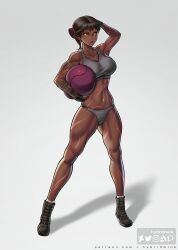 Rule 34 | 1girl, abs, arm behind head, arm tattoo, artist name, artstation logo, ball, bare shoulders, biceps, black gloves, boots, bow, breasts, brown hair, commission, cross-laced footwear, dark-skinned female, dark skin, deviantart logo, exercise ball, female focus, fingerless gloves, full body, gloves, grey panties, hair bow, highres, hybridmink, instagram logo, lace-up boots, large breasts, looking at viewer, mature female, muscular, muscular arms, muscular female, muscular legs, narrow waist, navel, open mouth, original, paid reward available, panties, parted hair, patreon logo, patreon username, pinup (style), scar, scar on arm, scar on leg, scar on shoulders, scar on stomach, scar on thigh, shadow, short hair, shoulder tattoo, simple background, socks, solo, sports bra, sportswear, standing, tattoo, thick thighs, thighs, tight clothes, toned, toned female, toned stomach, triceps, twitter logo, two-tone panties, underwear, white background, wide hips, yellow eyes