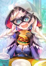 Rule 34 | 1girl, absurdres, ahoge, alternate costume, black gloves, blue eyes, braid, breasts, burger, cape, commission, commissioner upload, crystal earrings, earrings, eating, eye mask, fire emblem, fire emblem fates, fire emblem heroes, food, french fries, gloves, harness, heart, highres, holding, holding food, hood, hood up, hooded cape, iced coffee, indoors, jewelry, low twin braids, medium breasts, mihayuuno, nina (fire emblem), nina (thief) (fire emblem), nintendo, non-web source, o-ring, o-ring harness, official alternate costume, open mouth, parted bangs, plate, saliva, skeb commission, solo, twin braids