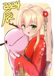 Rule 34 | 1girl, 2024, alternate costume, blonde hair, blush, border, chinese zodiac, commentary request, dated, eyes visible through hair, floral print, flower, from side, green eyes, hair between eyes, hair flower, hair intakes, hair ornament, happy, highres, holding, holding stuffed toy, japanese clothes, kimono, kokoroofiscream, long hair, long sleeves, looking at viewer, new year, open mouth, print kimono, red flower, red kimono, sidelocks, simple background, smile, solo, straight hair, stuffed animal, stuffed dragon, stuffed toy, summer pockets, tsumugi wenders, twintails, upper body, white border, wide sleeves, year of the dragon, yellow background