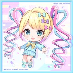 Rule 34 | 1girl, :d, blonde hair, blue border, blue bow, blue eyes, blue footwear, blue hair, blue serafuku, blue shirt, blue skirt, border, bow, character name, chibi, chouzetsusaikawa tenshi-chan, commentary request, copyright name, cursor, drop shadow, ekakima kuru (artist), full body, gradient hair, hair bow, hair ornament, heart, heart hair ornament, highres, long hair, long sleeves, looking at viewer, multicolored hair, multiple hair bows, needy girl overdose, open mouth, outline, pill, pink bow, pink hair, pleated skirt, purple bow, quad tails, school uniform, serafuku, shirt, shoes, skirt, smile, solo, standing, very long hair, white outline, yellow bow