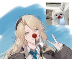 Rule 34 | 1girl, animal ears, arknights, black hairband, black jacket, blonde hair, blue eyes, blue necktie, blurry, cherry tomato, commentary, depth of field, dog, dog ears, dog girl, floppy ears, fork, hair between eyes, hairband, hand up, highres, jacket, joshua (shisanli934), kristen (arknights), long hair, looking at viewer, necktie, photo-referenced, portrait, reference inset, shirt, simple background, solo, symbol-only commentary, tomato, v, white shirt