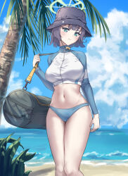 Rule 34 | 1girl, absurdres, bag, beach, bikini, bikini bottom only, blue archive, blue sky, breasts, bucket hat, cloud, day, duffel bag, halo, hat, highres, holding, holding bag, large breasts, looking at viewer, navel, ocean, outdoors, palm tree, purple hair, rash guard, saki (blue archive), saki (swimsuit) (blue archive), short hair, sky, solo, stomach, sukuarosa, swimsuit, thighs, tree