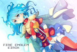 Rule 34 | 1girl, armor, bad id, bad pixiv id, blue eyes, blue hair, boots, bracelet, cape, character name, copyright name, eirika (fire emblem), female focus, fingerless gloves, fire emblem, fire emblem: the sacred stones, gloves, jewelry, jikunyaga, matching hair/eyes, nintendo, princess, skirt, solo, sword, thigh boots, thighhighs, water, weapon