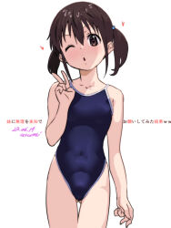 Rule 34 | 1girl, arm behind back, baba arumi, black hair, blue one-piece swimsuit, breasts, brown eyes, chestnut mouth, commentary request, competition school swimsuit, covered navel, dated, gluteal fold, highleg, highleg swimsuit, one-piece swimsuit, one eye closed, original, school swimsuit, short hair, signature, simple background, small breasts, solo, swimsuit, thigh gap, twintails, v, white background