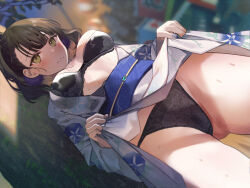 1girl black_bra black_hair black_panties blue_kimono blurry blurry_background blush bra breasts closed_mouth clothes_lift floral_print floral_print_kimono highres japanese_clothes kimono kimono_lift looking_at_viewer medium_breasts non-web_source open_clothes open_kimono original outdoors panties short_hair solo standing thighs towanemuru underwear wide_hips yellow_eyes yukata