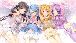 Rule 34 | 4girls, :&lt;, ;), animal hood, anmi, aoi (houkago no pleiades), armpits, arms up, barefoot, black hair, blonde hair, bloomers, blue-framed eyewear, blue eyes, blush, book, bow, breasts, cleavage, flat chest, glasses, hair bow, head rest, highres, hikaru (houkago no pleiades), hood, hoodie, houkago no pleiades, itsuki (houkago no pleiades), large breasts, long hair, looking at viewer, looking back, low twintails, lying, medium breasts, midriff, multiple girls, nanako (houkago no pleiades), navel, on back, one eye closed, pajamas, purple eyes, purple hair, semi-rimless eyewear, short hair, shorts, smile, twintails, under-rim eyewear, underwear, underwear only, wallpaper, white bloomers, yellow eyes