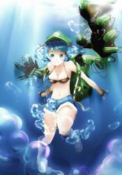 Rule 34 | 1girl, air bubble, backpack, bad id, bad pixiv id, bag, bikini, bikini top only, black bikini, blue eyes, blue hair, boots, breasts, breath, bubble, fingerless gloves, freediving, gloves, grin, hair bobbles, hair ornament, hat, highres, kawashiro nitori, looking at viewer, matching hair/eyes, mechanical arms, navel, okakingyo, short hair, shorts, smile, solo, swimming, swimsuit, thighhighs, touhou, twintails, two side up, underwater, white thighhighs