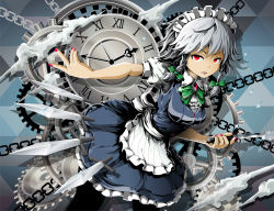 Rule 34 | 1girl, apron, black background, black pantyhose, blue background, blue dress, bow, braid, breasts, brooch, chain, clock, coba (bushclover), collared shirt, dress, gears, grey background, hair bow, holding, holding knife, izayoi sakuya, jewelry, knife, looking to the side, maid, maid apron, maid headdress, medium breasts, multicolored background, nail polish, pantyhose, pink nails, red eyes, roman numeral, serious, shirt, short dress, short hair, short sleeves, silver hair, smoke, solo, sparkle, touhou, twin braids, white shirt