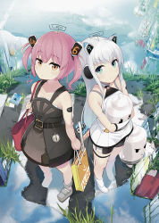 Rule 34 | &gt;:), 2girls, akicolle, animal ears, bag, bare arms, bare shoulders, black dress, brown eyes, character request, closed mouth, commentary request, day, dress, elbow gloves, fake animal ears, gloves, green eyes, grey footwear, headgear, long hair, looking at viewer, minamura haruki, multiple girls, hugging object, outdoors, pink hair, puddle, reflection, shoes, silver hair, sleeveless, sleeveless dress, smile, standing, twintails, v-shaped eyebrows, very long hair, water, white dress, white footwear, white gloves
