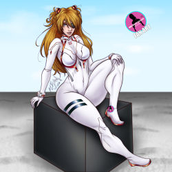 Rule 34 | 1girl, artist name, blue background, blue eyes, bodysuit, breasts, brown hair, cowboy shot, curvy, evangelion: 3.0+1.0 thrice upon a time, full body, hair between eyes, highres, interface headset, lips, long hair, looking at viewer, medium breasts, metalexsart, neon genesis evangelion, pilot suit, plugsuit, realistic, rebuild of evangelion, shiny clothes, simple background, sitting, skin tight, solo, souryuu asuka langley, title, two side up, very long hair, white bodysuit, wide hips