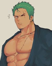 Rule 34 | 1boy, abs, bara, bare pectorals, black eyes, dark-skinned male, dark skin, earrings, green hair, green kimono, izukuxo, japanese clothes, jewelry, kimono, large pectorals, looking at viewer, male focus, mature male, muscular, muscular male, nipples, one piece, open clothes, open kimono, pectorals, pout, roronoa zoro, scar, scar across eye, scar on chest, scar on face, short hair, sideburns, single earring, solo, stitches, stomach, upper body