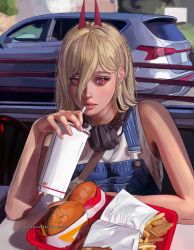 Rule 34 | 1girl, artist name, blonde hair, burger, car, chainsaw man, commentary, drinking, english commentary, eyelashes, food, french fries, headphones, headphones around neck, highres, horns, long hair, motor vehicle, power (chainsaw man), red eyes, red horns, soda, solo, urfacemyaz arts