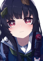 Rule 34 | 1girl, absurdres, black hair, blue archive, blue shirt, closed mouth, crying, crying with eyes open, hair between eyes, highres, leaf, long hair, miyu (blue archive), nemu no1, red eyes, school uniform, shirt, tears, white background