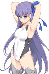 Rule 34 | 1girl, armpits, arms behind head, arms up, black one-piece swimsuit, blue eyes, blue ribbon, breasts, collarbone, competition swimsuit, covered navel, cowboy shot, fate/extra, fate/extra ccc, fate (series), groin, hair between eyes, hair ribbon, highleg, highleg swimsuit, long hair, looking at viewer, medium breasts, meltryllis (fate), one-piece swimsuit, purple hair, ribbon, shin guards, shiseki hirame, simple background, solo, split mouth, swimsuit, thighhighs, thighs, two-tone swimsuit, v-shaped eyebrows, very long hair, white background, white one-piece swimsuit
