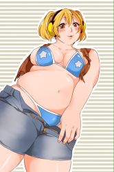 Rule 34 | 1girl, blonde hair, blush, breasts, brown eyes, headphones, large breasts, looking at viewer, navel, nitroplus, plump, solo, super pochaco, swimsuit, thick thighs, thighs, twintails, wakamu
