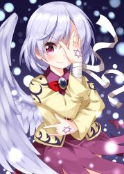 Rule 34 | 1girl, arm tattoo, bandages, beige jacket, blue background, blush, braid, brooch, closed mouth, collared dress, commentary request, double m/, dress, feathered wings, french braid, highres, jacket, jewelry, kishin sagume, lips, looking at viewer, m/, medium hair, one-hour drawing challenge, one eye covered, purple dress, red eyes, ruu (tksymkw), silver hair, single wing, smile, snow, snowing, solo, standing, tattoo, touhou, white wings, wings