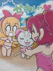 Rule 34 | 0 0, 10s, 2girls, :3, :d, = =, ^^^, aida mana, beach, bikini, blonde hair, cat, cloud, day, dokidoki! precure, half updo, heart, hijikata etsuo, hummy (suite precure), jealous, long hair, multiple girls, ocean, one-piece swimsuit, open mouth, outdoors, pink hair, pink one-piece swimsuit, precure, regina (dokidoki! precure), sky, smile, suite precure, swimsuit, traditional media, translated, water