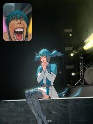Rule 34 | 1boy, 1girl, belt, bird girl, bird legs, bird tail, bird wings, blue capelet, blue hair, capelet, closed eyes, crying, crying with eyes open, dress, drum, drum set, fan screaming at madison beer (meme), feathered wings, feet out of frame, final fantasy, final fantasy xiv, from side, green eyes, green hair, hands up, head wings, hermes (ff14), highres, instrument, legs together, long sleeves, meme, meteion, monster girl, music, open mouth, own hands clasped, own hands together, photo-referenced, photo background, screaming, short hair, singing, sitting, smile, snot, solo focus, tail, tears, teeth, white dress, wings, xxxmsm