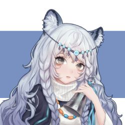 Rule 34 | 1girl, animal ear fluff, animal ears, arknights, bags under eyes, bell, blue background, braid, chinese commentary, commentary request, dress, grey eyes, hand up, head chain, head tilt, headpiece, highres, holding, holding bell, jewelry, leopard ears, long hair, long sleeves, looking at viewer, necklace, parted lips, pramanix (arknights), shayuxiao wanzi, silver hair, smile, solo, turtleneck, twin braids, two-tone background, upper body, white background, white dress