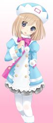 Rule 34 | 10s, 1girl, :p, blonde hair, blue eyes, blush, bow, child, choujigen game neptune mk2, coat, female focus, hat, highres, neptune (series), ohjin, pantyhose, pom pom (clothes), ribbon, rom (neptunia), short hair, simple background, smile, solo, tongue, tongue out, white pantyhose