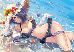 Rule 34 | 1girl, absurdres, arknights, bare legs, bare shoulders, barefoot, bikini, bikini pull, black bikini, bow, breasts, clothes pull, commentary, flower, groin, hair over one eye, hand up, hat, hat bow, hat flower, highres, jacket, lankuchashuangjielong, large breasts, looking at viewer, navel, o-ring, off shoulder, open clothes, open jacket, pink flower, pulling own clothes, purple bow, purple eyes, purple flower, purple hair, red flower, red rose, rose, short hair, smile, solo, starfish, stomach, sun hat, sunflower, swimsuit, thigh strap, thighs, water, whisperain (arknights), white jacket