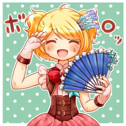 Rule 34 | 1girl, aidi (otoca d&#039;or), aidi (otoca d&#039;or) (cosplay), aidi (otoca doll), aidi (otoca doll) (cosplay), blonde hair, blush, bow, brooch, corset, cosplay, dress, closed eyes, hand fan, fingerless gloves, folding fan, gloves, green background, jewelry, mashiro (pixiv10823726), no nose, otoca d&#039;or, pink dress, polka dot, polka dot background, red bow, short hair, short twintails, smile, solo, star (symbol), sunny (otoca d&#039;or), sunny (otoca doll), sweat, twintails
