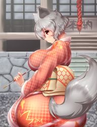 Rule 34 | 1girl, absurdres, animal ears, ass, blurry, blurry background, blush, breasts, checkered clothes, checkered kimono, expressionless, from behind, highres, inubashiri momiji, japanese clothes, kimono, large areolae, large breasts, leaf print, long sleeves, looking at viewer, looking back, new year, outdoors, profile, red eyes, rope, shiny clothes, short eyebrows, short hair, shrine, silver hair, solo, stairs, tail, thick eyebrows, tochinoko, touhou, upper body, wide sleeves, wolf ears, wolf tail