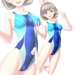 Rule 34 | 1girl, absurdres, barefoot, blue eyes, blue one-piece swimsuit, breasts, collarbone, commentary request, competition swimsuit, covered navel, double v, full body, grey hair, highres, jumping, looking at viewer, love live!, love live! superstar!!, medium breasts, multiple views, one-piece swimsuit, open mouth, parted bangs, round teeth, short hair, simple background, swimsuit, takafumi, tang keke, teeth, upper teeth only, v, white background, zoom layer