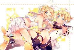 Rule 34 | 1boy, 1girl, all fours, arm warmers, bare shoulders, black collar, black shorts, blonde hair, blue eyes, blush, bow, collar, commentary, crop top, grey collar, hair bow, hair ornament, hairclip, hand on another&#039;s back, headphones, heart, heart print, kagamine len, kagamine len (vocaloid4), kagamine rin, kagamine rin (vocaloid4), leg warmers, looking at viewer, miniskirt, neckerchief, necktie, one eye closed, open mouth, outstretched arm, razuko (raspberry aaa), reaching, reaching towards viewer, sailor collar, school uniform, shirt, short hair, short ponytail, short sleeves, shorts, sitting, skirt, sleeveless, sleeveless shirt, smile, sparkle, spiked hair, swept bangs, v4x, vocaloid, white bow, white shirt, white skirt, yellow neckerchief