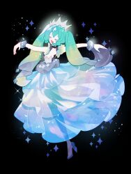 Rule 34 | 1girl, absurdres, arms at sides, back, black background, black choker, blue dress, choker, closed eyes, creatures (company), crown, dot nose, dress, floating, floating hair, full body, game freak, glint, glowing, glowing crown, green hair, gyuhwa, happy, hatsune miku, highres, ice miku (project voltage), layered dress, legs apart, lens flare, light particles, long dress, music, nintendo, open mouth, pokemon, project voltage, rock miku (project voltage), signature, simple background, singing, solo, sparkle, strapless, strapless dress, twintails, vocaloid