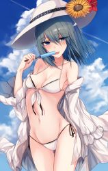 Rule 34 | 1girl, bare shoulders, bikini, blue eyes, breasts, cloud, cloudy sky, collarbone, commentary request, day, flower, food, front-tie bikini top, front-tie top, green hair, hair between eyes, hat, hat flower, hat ribbon, head tilt, highres, holding, holding food, jacket, jacket over swimsuit, kinona, long hair, medium breasts, original, popsicle, ribbon, side-tie bikini bottom, sky, solo, sun hat, swimsuit, thighs, tongue, tongue out, white bikini, white jacket