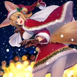 Rule 34 | 1girl, :d, animal ears, blonde hair, blue eyes, blurry, bokeh, breasts, brown gloves, christmas, cloak, depth of field, dress, fur trim, gloves, hat, highres, holding, large breasts, leaning forward, looking at viewer, looking back, nashigaya koyomi, night, open mouth, original, outdoors, pantyhose, red dress, red ribbon, ribbon, sack, santa costume, santa hat, short hair, smile, snow, solo, tail, teeth, two side up, white pantyhose